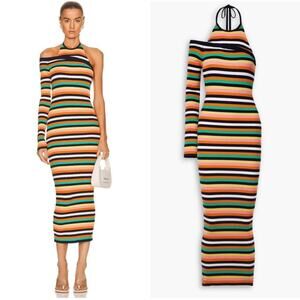 Monse One Sleeve Halter Merino Wool Striped Ribbed Knit 
Midi Dress Small